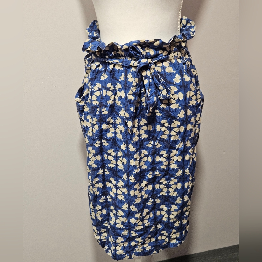 Porridge Anthropologie Linen High Waist Belted Paper Bag Blue Floral Skirt SZ M